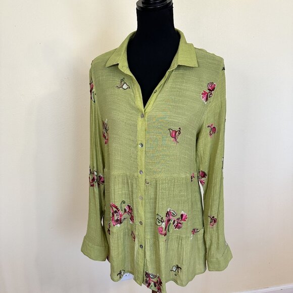 Womens Fig & Flower Lime Green Blouse Large Sheer Button Up Embroidered Boho - Picture 7 of 10